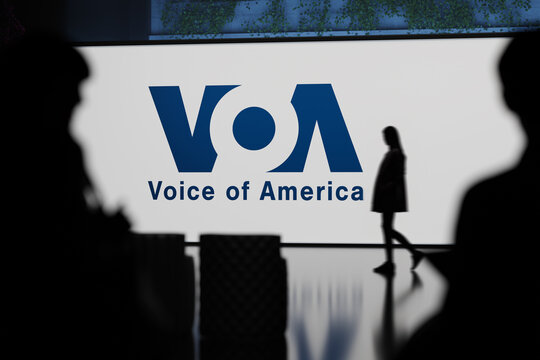Guilherand-Granges, France - March 31, 2025. Voice of America: U.S. international broadcaster providing news in 49 languages, promoting democracy and press freedom worldwide.