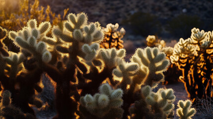 Obraz premium Cholla cactus illuminated by sunlight in desert landscape 
