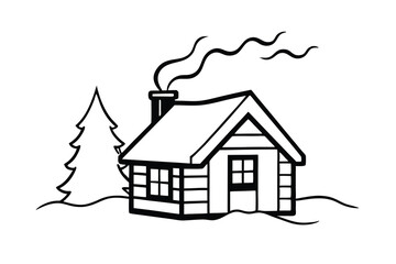 Fototapeta premium Cozy Cabin Winter Scene Smoke, Snow, Tree, House Illustration