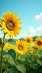 Fototapeta premium Tall sunflowers sway gently in a breeze, idyllic summer scene , scenic, sunshine