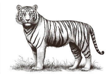 Fototapeta premium Realistic black and white illustration of a majestic tiger standing on grass, showcasing its unique striped pattern and fierce expression during daytime Generative AI