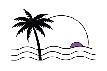 Tropical Palm Tree Silhouette Sunset Ocean Waves Minimalist Art
