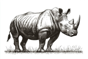 Obraz premium Detailed illustration of a rhinoceros standing in a grassy landscape showcasing its features and robust physique during daylight Generative AI