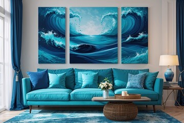 Vibrant Canvas Art in Sea Blue Turquoise and Deep Navy Tones