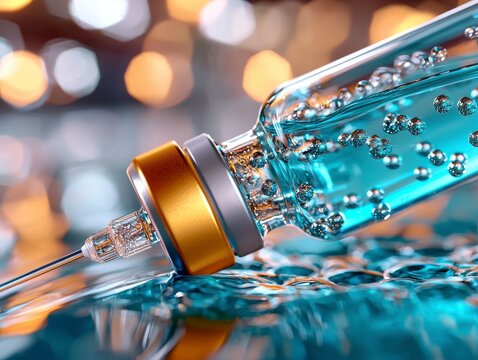 A visually striking representation of vaccine technology, where a standard vaccine bottle undergoes a transformation, atomizing into a wave of particles This particle wave symbolizes the vaccine's