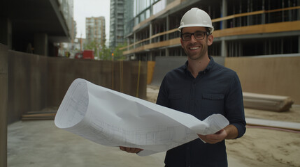 Confident architect with hardhat and blueprint at construction site, embodying vision and precision in urban development