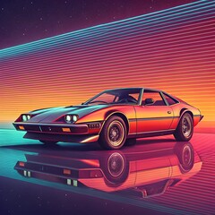 Fototapeta premium A sleek, vintage sports car with a neon sunset in the background, glowing grid lines, and an 80s cyberpunk aesthetic.