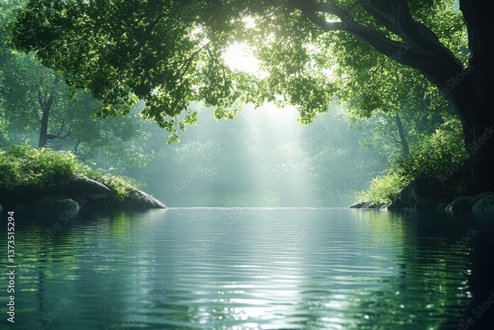 Aufkleber a serene forest scene with sunlight filtering through trees above a calm lake at dawn