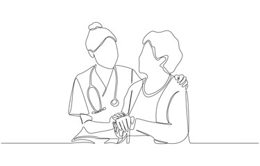 Continuous one line drawing of young nurse comforting elderly woman, elderly health care concept, single line art