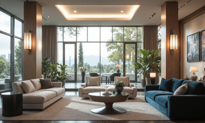 Fototapeta premium Luxurious corporate lounge with plush velvet seating, glass coffee tables, and modern art pieces. Task lighting highlights artwork and key furniture pieces, while