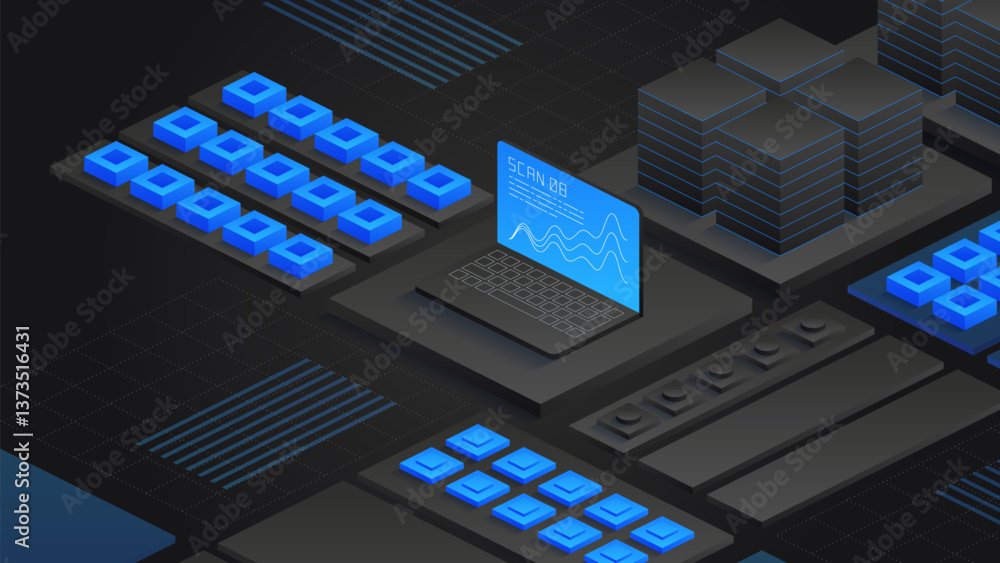 Poster vector isometric digital technology illustration featuring futuristic data processing, stacked serve