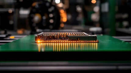 Illuminated Circuit Board on Conveyor Belt in Automation Factory
