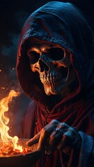 Fototapeta premium A skull in a dark hood holds a bowl of food, with a fiery skull glowing red and blue, evoking a mystical atmosphere. 