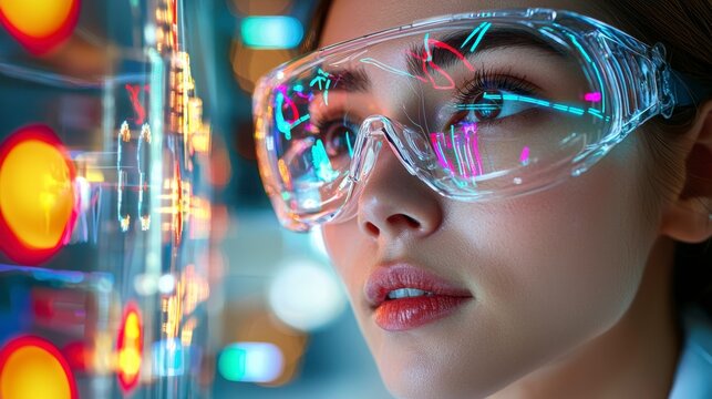 In a sterile, future-ready laboratory, a female scientist is engrossed in conducting a cutting-edge vaccine trial Utilizing an augmented reality headset, she navigates a virtual display overlay