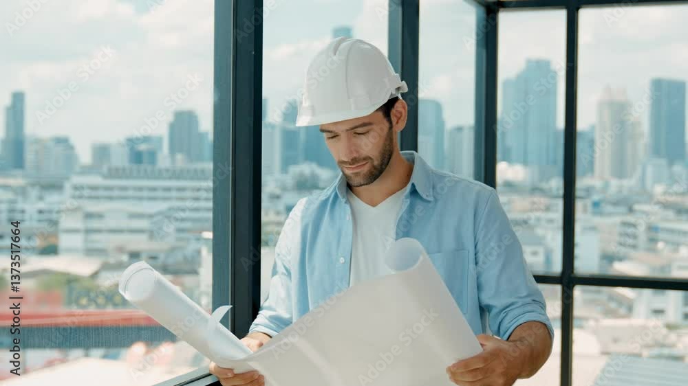 Poster professional engineer smiling while looking at skyscraper view. skilled architect in casual outfit l