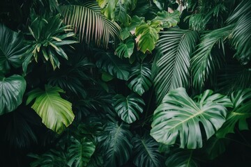 Lush Green Tropical Foliage with Various Leaf Shapes and Textures