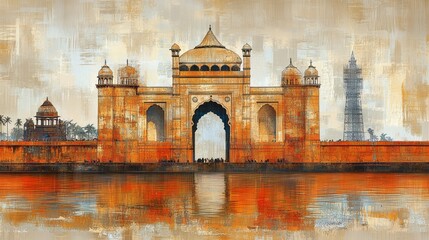 Obraz premium Beautiful artistic rendition of a historic building reflecting in water