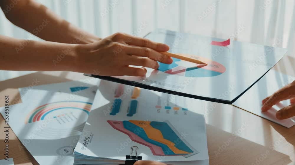 Poster startup employee working together, analyzing bi dashboard paper on financial data report but reject 