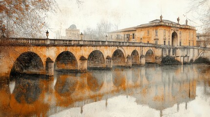 Obraz premium Ancient stone bridge connects to an ornate classical building