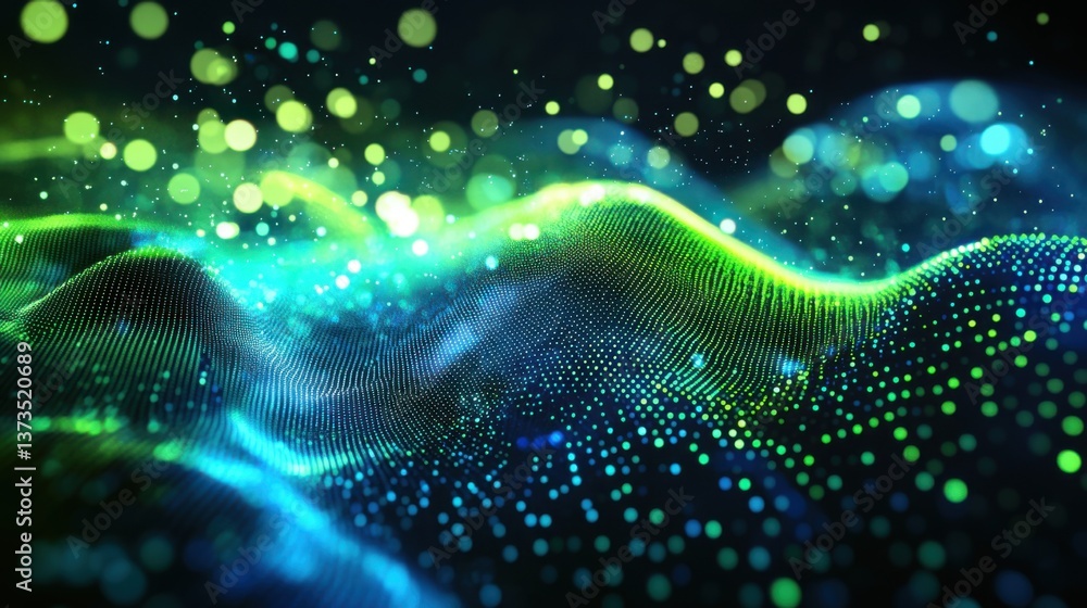 Poster digital particles wave and light abstract background with glowing light trails