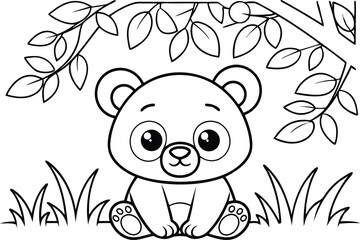 Line Art Cute Cartoon Bear Cub Sitting Under Leaves with Transparent Background