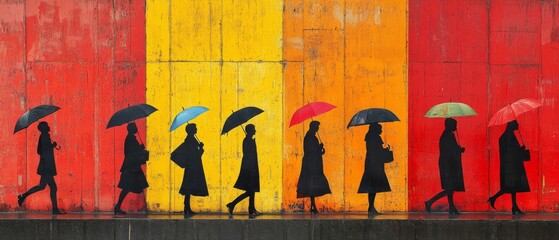 Silhouettes of People with Umbrellas Against a Colorful Wall