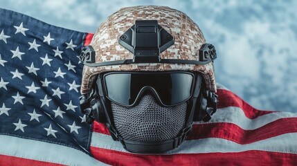 Military Helmet with Goggles United States Equipment Showcase Studio Setting Close-Up View Security Concept