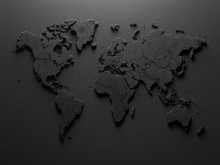 Monochrome world map illustration with raised continents, perfect for symbolizing global issues, business, or environmental themes.
