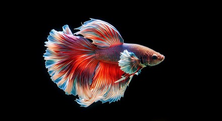 Fototapeta premium A vibrant betta fish, a fiery spectacle of red, orange, and blue fins, gracefully poised against a stark black background.