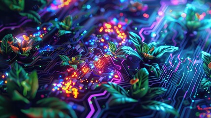 Fototapeta premium A computer chip with a green background and a bunch of green leaves