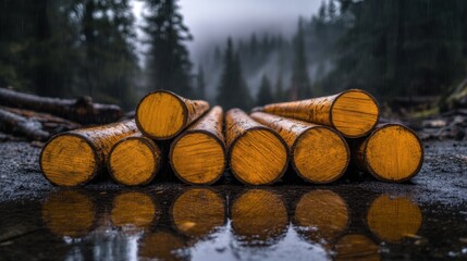 Log pile chaos in a wooded area rainy environment outdoor photography perspective