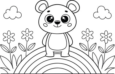 Outline Cartoon Bear on Rainbow with Flowers and Clouds in White Background