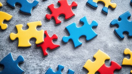 Fototapeta premium Topdown view of colorful puzzle pieces on gray surface creative content abstract environment