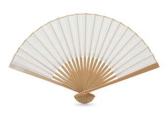 A delicate, off-white hand fan, crafted from smooth bamboo and fine paper, evokes a sense of quiet elegance and summer breezes on a bright, isolated background.
