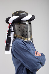 Medieval Knight Helmet with White and Black Drapery