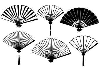 Elegant collection of hand fans, showcasing diverse designs and styles in simple black silhouettes against a clean white background.