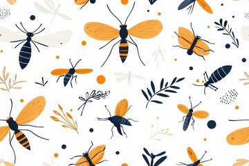 Flat style seamless pattern of mosquitoes, isolate on white background.
