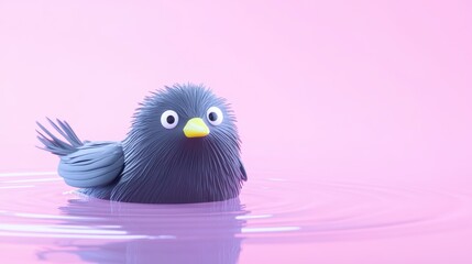 Cute Cartoon Bird Floating in a Pink Water Reflection Background