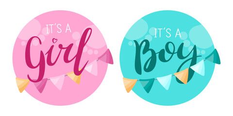 Pink and blue gender reveal frames with Its a Girl and Its a Boy text. Ideal for baby shower invitations.