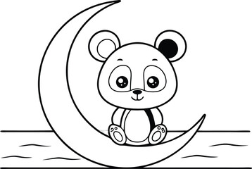 Cute Cartoon Panda Sits on Crescent Moon with Water Waves, Black Outline Style