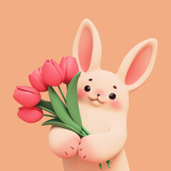 3d render portrait of simple funny kawaii soft fluffy cartoon easter bunny with happy face, eyebrows, pink ears, cheeks, holding bouquet of red tulips in its paws. Hello spring on orange background.