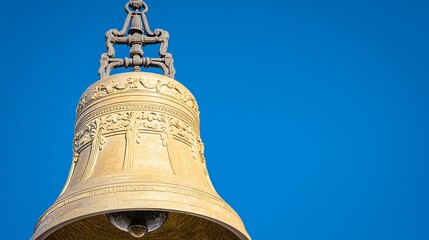 Fototapeta premium Ornate Golden Church Bell Against Clear Blue Sky Architectural Photography Outdoor Environment Close-Up Perspective