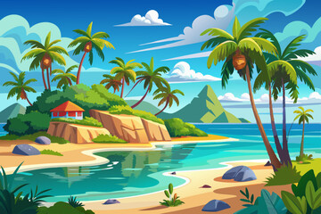 Obraz premium A breathtaking beach scene with tall palm trees on a tropical island, perfect for a background image