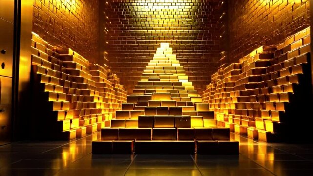 Shiny gold bars stacked in pyramid shape inside luxury vault room &ndash; ideal animation background for finance, wealth, banking, treasure, investment visuals, or digital gold-themed motion graphics