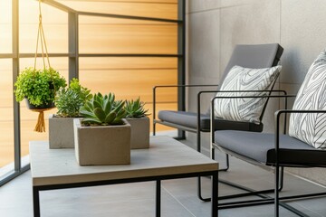 Fototapeta premium Modern Urban Balcony Garden: A chic urban balcony filled with small potted herbs, succulents, and hanging plants. Concrete planters and minimalist furniture create a stylish look.