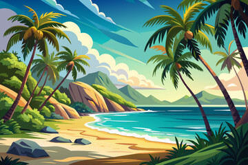Obraz premium A breathtaking beach scene with tall palm trees on a tropical island, perfect for a background image
