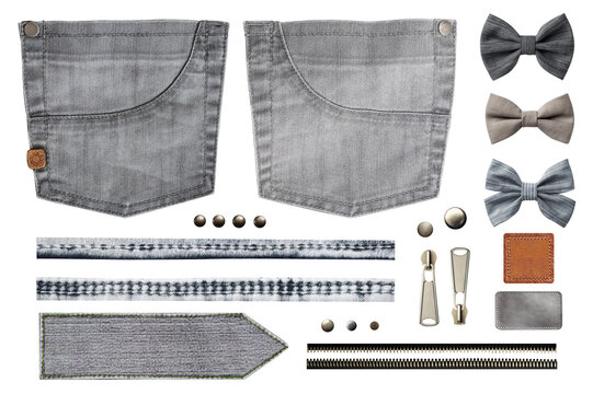 Set of jeans detail. Collection of denim trouser and jacket elements of gray color - pocket, metal button and rivet, label, tag, zip; fastener; patch. Isolated on white background