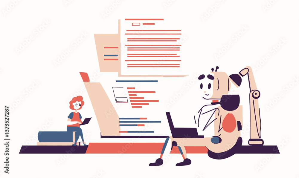 Poster minimalist vector of ai-powered automated writing with tiny person concept on white background