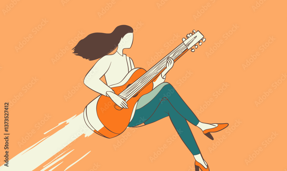 Poster flat minimalist vector of person playing guitar in dynamic pose for music enthusiasts
