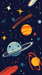 Naklejka premium Colorful Flat Minimalist Universe Poster with Planets and Stars in Vector Style